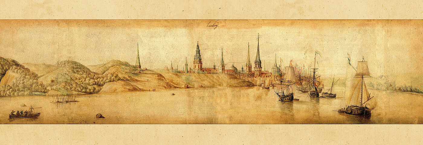 Panorama eines unbekannten Autors 1610 - Hamburg von der Elbseite von Westen Dieses Panorama eines unbekannten Autors 1610 zeigt Hamburg von der Elbseite von Westen. Die Neustadt ist noch nicht in die Stadtbefestigung einbezogen. Die Kirchtuerme von r.nach l.: St. Katharinen (mit runder Kuppel), St. Jakobi, Dom, St. Petri und St. Nikolai. Links die Michelkapelle ausserhalb der Stadtmauern. Wenn Hamburger heute "auf den Dom" gehen, denken sie an Achterbahn, Zuckerwatte und Kinderkarussell - der "Hamburger Dom" ist ein beliebtes Volksfest. Doch einst hatte die Hansestadt wirklich einen Dom in ihrem Zentrum. Vor gut 200 Jahren haben die Hamburger den gotischen Prachtbau abgerissen. Dass das Volksfest heute seinen Namen trägt, ist kein Zufall.