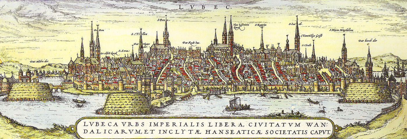 Historische Ansicht der Stadt Lübeck von Georg Braun und Franz Hogenberg (zwischen 1572 and 1618)